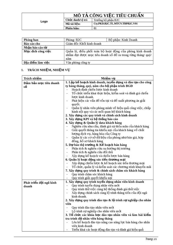 Mô tả công việc - Trưởng phòng kinh doanh B2C